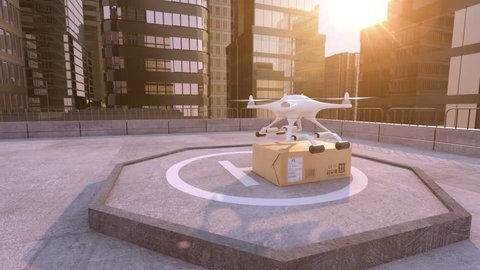 Drone delivers a parcel to a building roof. Beautiful 3d animation, 4K