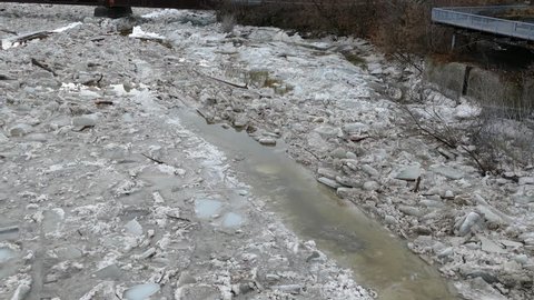 Ice jam on river after thaw and freeze