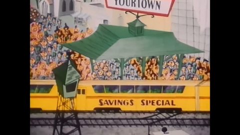 CIRCA 1954 - In this cartoon, savings are poured into big and small American businesses.