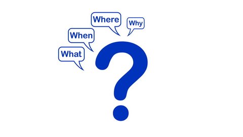 Video animation of Questions mark, what, when, where, why, who, how on isolated / white background
