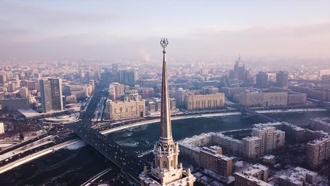 Winter Moscow. Stalin skyscraper top aerial view
