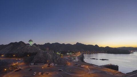 4K Aerial Beautiful Scenic Sunset Time lapse View of Muttrah Bay during sunset, Matrah, Oman. Day to Night.