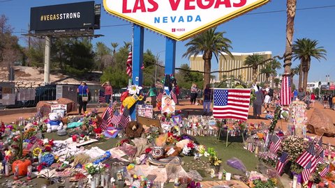 LAS VEGAS, NEVADA - CIRCA 2017 - a makeshift memorial at the base of the Welcome to Las Vegas sign following Americas worst mass shooting.