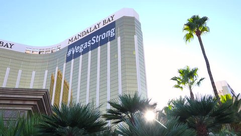 LAS VEGAS, NEVADA - CIRCA 2010s - 2017 - Mandalay Bay Hotel with large sign saying vegastrong following Americas worst mass shooting in Las Vegas.