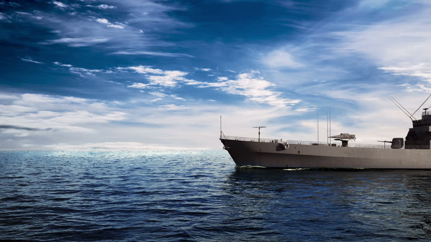 American Modern Warship On The Background Of Sky. 3D Animation.