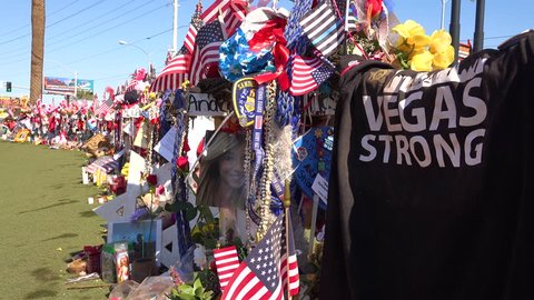 LAS VEGAS, NEVADA - CIRCA 2017 - a makeshift memorial at the base of the Welcome to Las Vegas sign following Americas worst mass shooting.