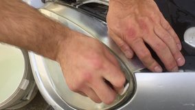 Car maintenance. Closeup on male hands shiny polishing frontlights, transportation background. Automotive manufacturing fixing mechanical part. Automobile reflector service person. Full HD video 7152