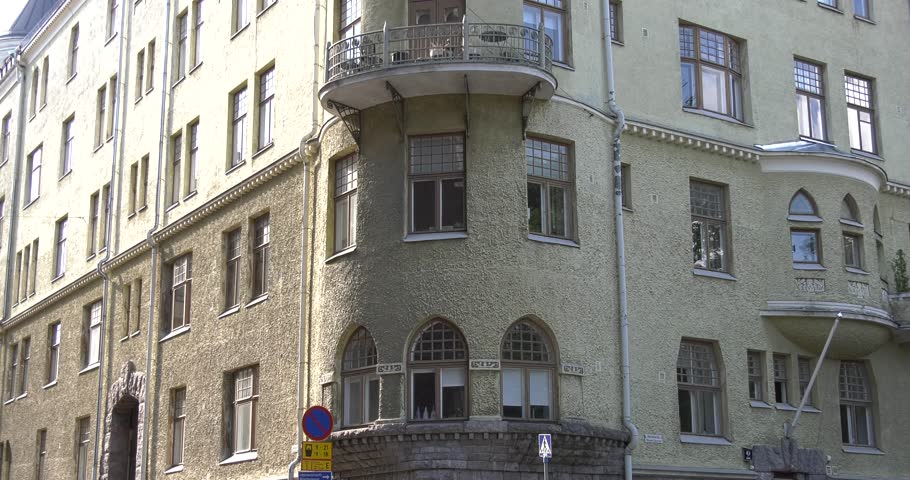 4K high quality video footage of Helsinki fine old buildings with bow windows and balconies, its modern-style architecture in the heart of old town in the capital of Finland