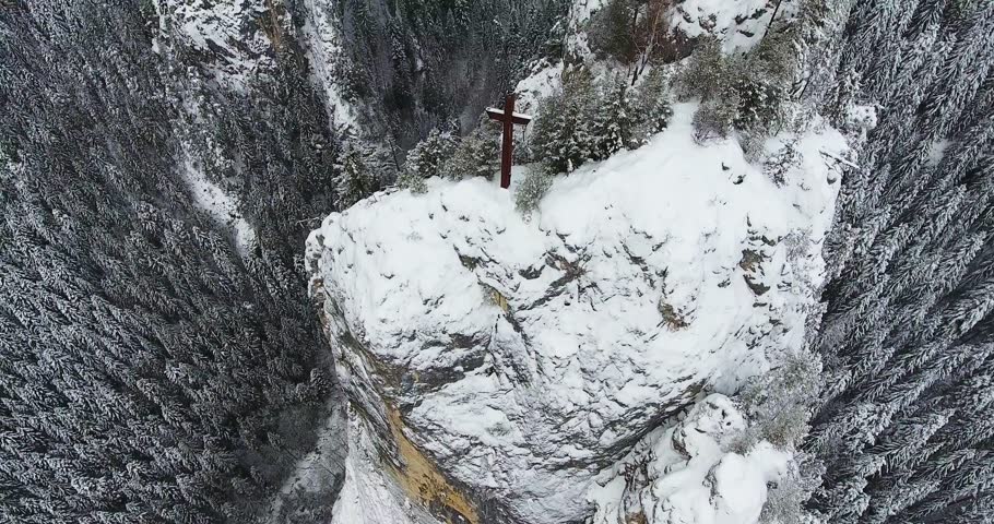 Cross On A Mountain Aerial Easter In Bicaz Mountains Romania Royalty-Free Stock Footage #1006715293