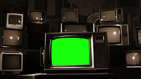 Vintage TV with Green Screen. Sepia Tone. Dolly Shot. You can Replace Green Screen with the Footage or Picture you Want with “Keying” effect in After Effects (check out tutorials on YouTube). 