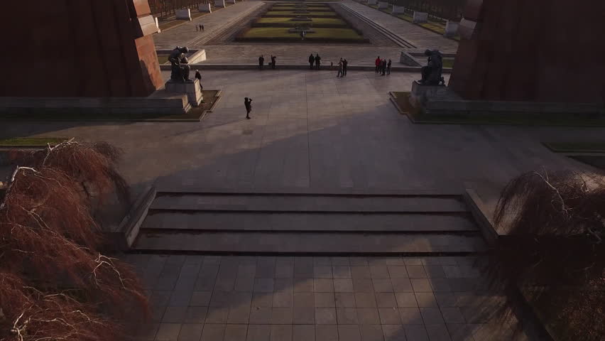 Berlin, soviet memorial, park, winter, sunny, aerial, panorama. 
