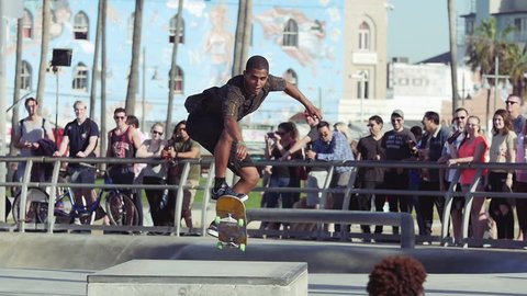 LOS ANGELES - January 09: Skateboard Trick in Slow Motion, Venice Beach Skate Park on January 09 2018 in Los Angeles, California USA