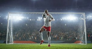 Soccer player show his skills on a professional soccer stadium. Stadium and crowd is made in 3D and animated
