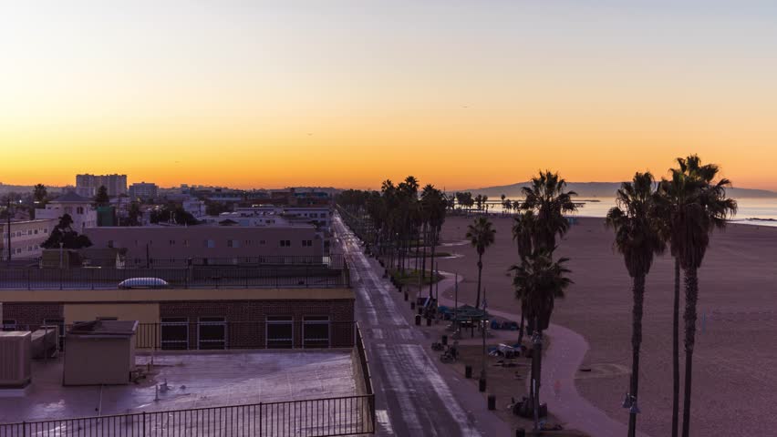 Venice Beach Boardwalk Sunrise Time Lapse, Aerial Cityscape, Los Angeles California