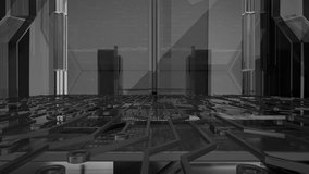 Futuristic Digital intro.Zoom in through glass and Sci Fi cyberspace.