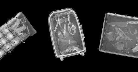 X-ray contraband luggage loop / 3D animation of x-rayed bags containing guns, knives, explosives and drugs
