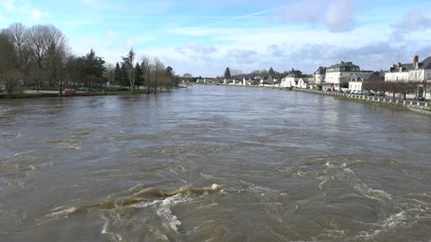 Loir-et-Cher,France-January 24,2018: Cher river is a tributary of Loire river. Chateau de Montrichard is on the right bank of the river. 

