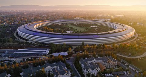 Aerial drone of Apple Campus spaceship at sunrise in Sunnyvale / Cupertino Silicon Valley, California. 24 January 2017