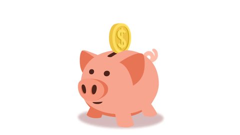 Animated Piggy Bank Concept Cartoon Footage with Money Coins Alpha Matte