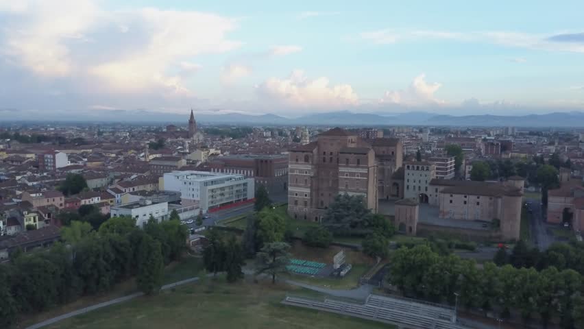 Aerial video shooting with drone on Piacenza, famous and ancient Emilia Romagna city, founded near the Po river in northern Italy