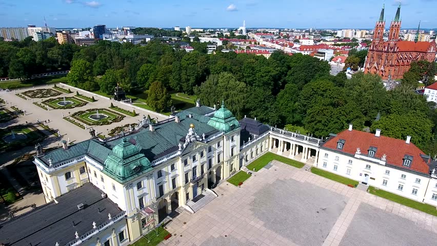 Aerial flight over the Branicki palace and gardens in Bialystok, Podlasie, Poland.