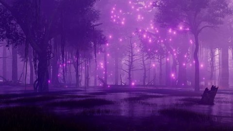 Mysterious marshy forest with supernatural fairy firefly lights soaring in the air at dark misty night. Fantasy 3D animation rendered in 4K