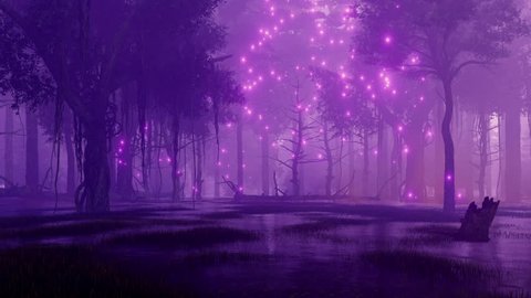 Mystical firefly lights flying around creepy dead trees on a mysterious forest swamp at dark foggy night. Fantasy 3D animation rendered in 4K