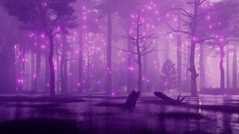 Fairytale woodland scene with mystic firefly lights flying over creepy swamp in a dark mysterious night forest. Fantasy 3D animation rendered in 4K