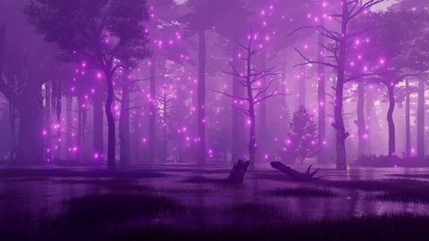 Mysterious night forest swamp with magical firefly lights flying in the air among creepy ancient trees. Fantasy 3D animation rendered in 4K