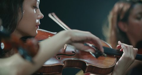 symphony orchestra performance, close-up of stringed instruments at work