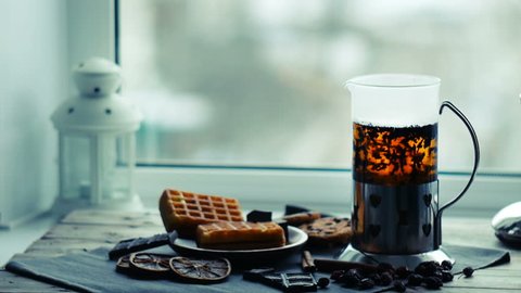 Making coffee or tea with a French press. Seamless cinemagraph video