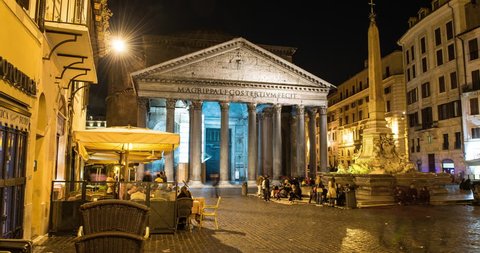 ROME, ITALY – OCTOBER 2015 : Moving timelapse / hyperlapse of Panthéon at night