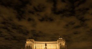 ROME, ITALY – OCTOBER 2015 : Timelapse at Vittoriano / National Monument at night with clouds and traffic movement
