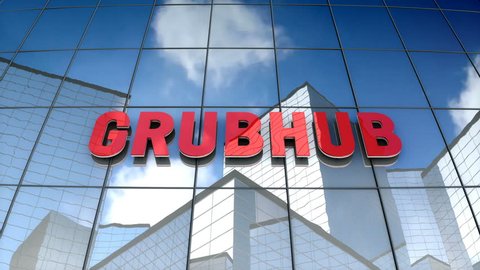 November 2017, Editorial use only, 3D animation, Grubhub logo on glass building.