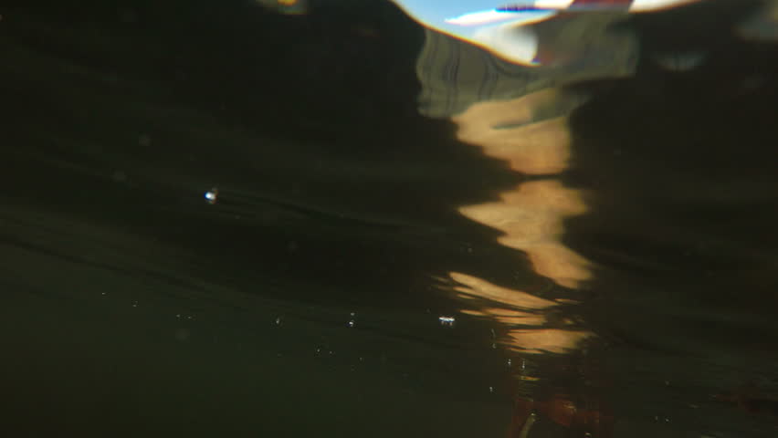 POV of a man gathering a tow rope underwater getting ready to go water skiing on a lake wearing vintage wooden water skis