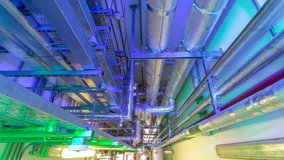 Steel pipe management for network or electric cable with metal flex pipe or conduit timelapse hyperlapse. Corridor between electricity control room and server hardware in data center - Powered by Shutterstock - Get 15% off with code: PIKWIZARD15