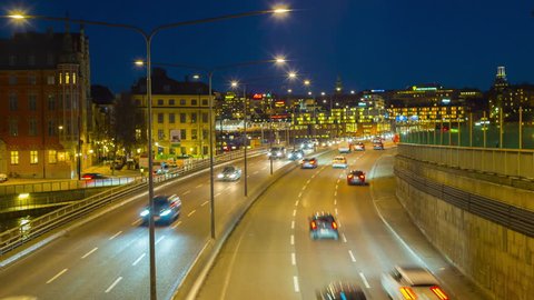 "Centralbron" - a highway in central Stockholm, Sweden time lapsed at dusk.
