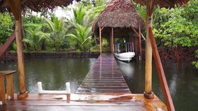 Rain on the sea shore with tropical vegetation and a thatched boathouse with a wooden dock, Caribbean sea, Panama, Central America, 50fps
