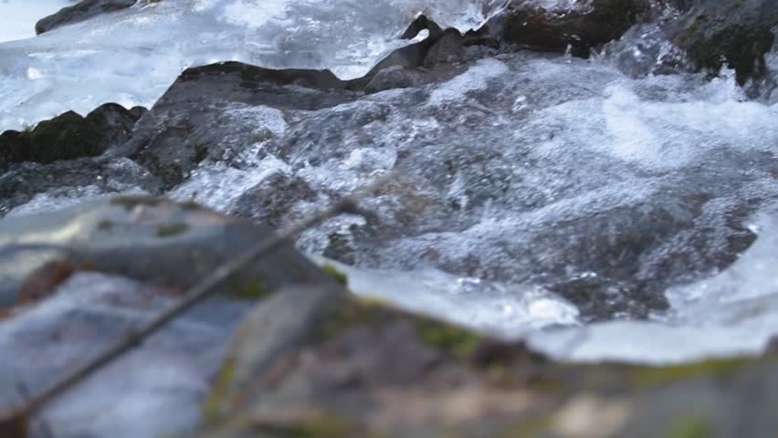 Slow motion of an icy Alaskan creek shot on a slider in winter.