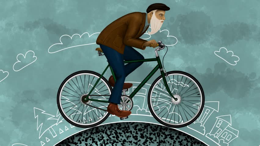 Cyclist 5 second loop, hand-drawn animation. A man with a white beard rapidly pedaling a green bicycle. Animated white line art background on a blue mottled ground.