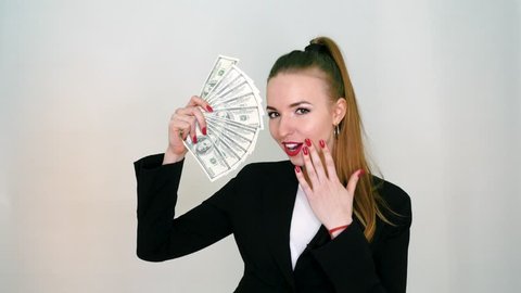 Woman Corporate Business Employee Holding Dollar Banknotes Tightly.