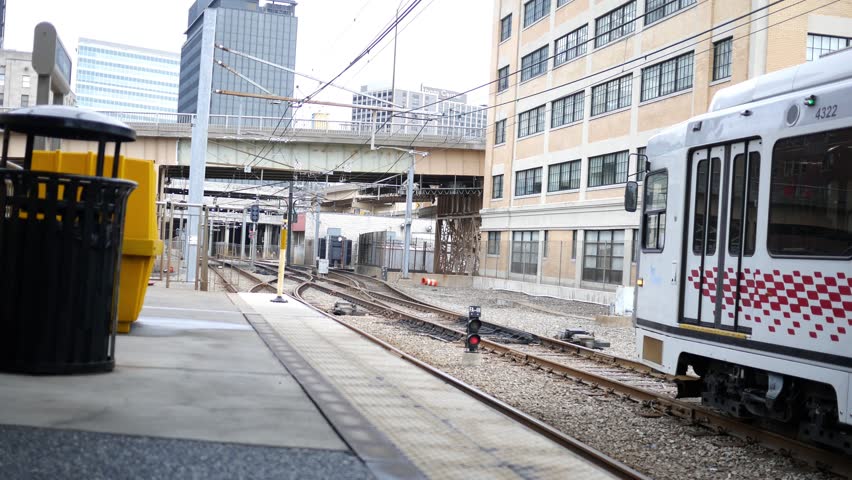A Subway Car departs at station on overcast morning in Pittsburgh Pennsylvania