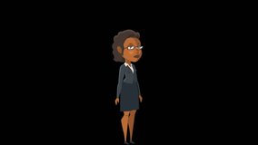 Cartoon Situations Nikol Pack 1. Black Business Woman Character Walk Cycle Animation with Alpha Channel. Right, left and front side animated loop isolated set for Explainer video