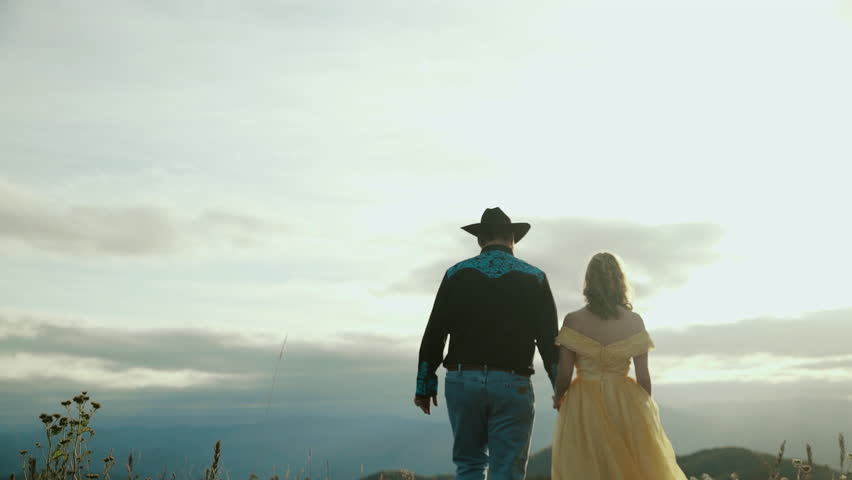 Fall on Max Patch Mountain Appalachian Mountains, Tennessee & North Carolina, young couple, woman in yellow dress, cowboy in hat 4k