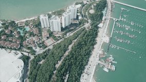 Main Pattaya Bay view from above sunny day aerial view. Video. Beautiful landscape aerial view