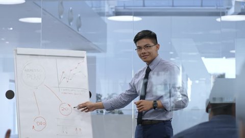 Young Asian businessman explaining scheme of marketing plan on whiteboard while giving presentation to colleagues in conference room with glass walls