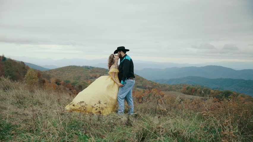 Fall on Max Patch Mountain Appalachian Mountains, Tennessee & North Carolina, young couple, woman in yellow dress, cowboy in hat 4k