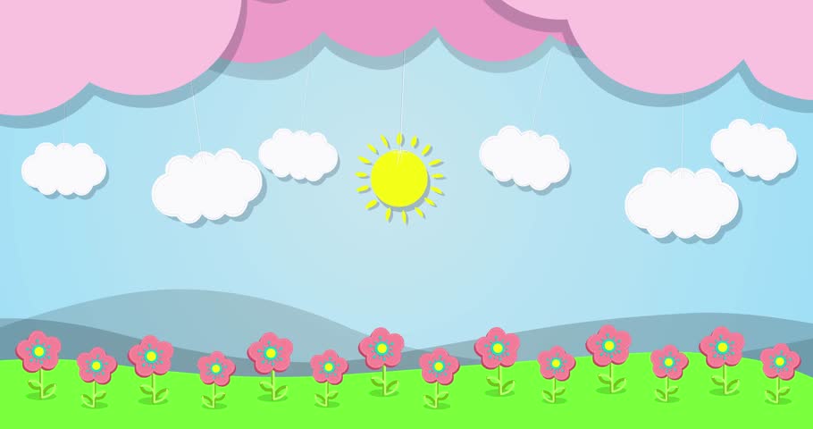 4K Cartoon sun and clouds are swaying on the threads, beautiful flowers are dancing to them in time on the blu sky and green grass background, animation loop, video clip