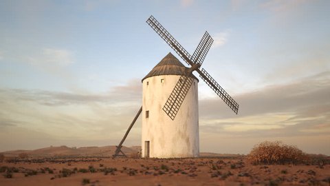 Low angle camera shot showing a spanish windmills