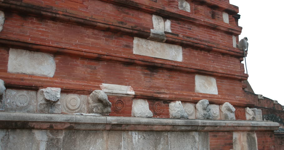 Holy City of Anuradhapura, SRI LANKA,  January 2018. A UNESCO World Heritage Site. One of the biggest stupas Jetavanarama Dagoba, 3rd century. On the walls of the temple run around the local macaque
